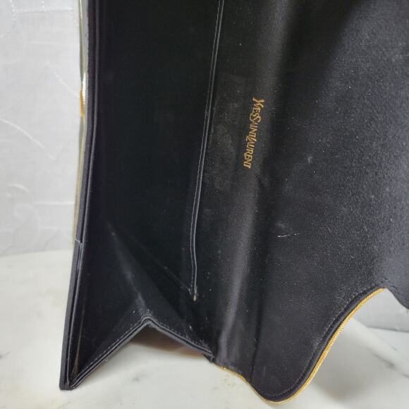 Vintage Yves Saint Laurent Silk Envelope Clutch 9" Black Gold Trim France - Picture 3 of 16